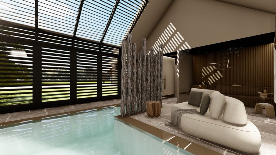 binnenzwembad met lounge en veel licht ontworpen door studio damhuis