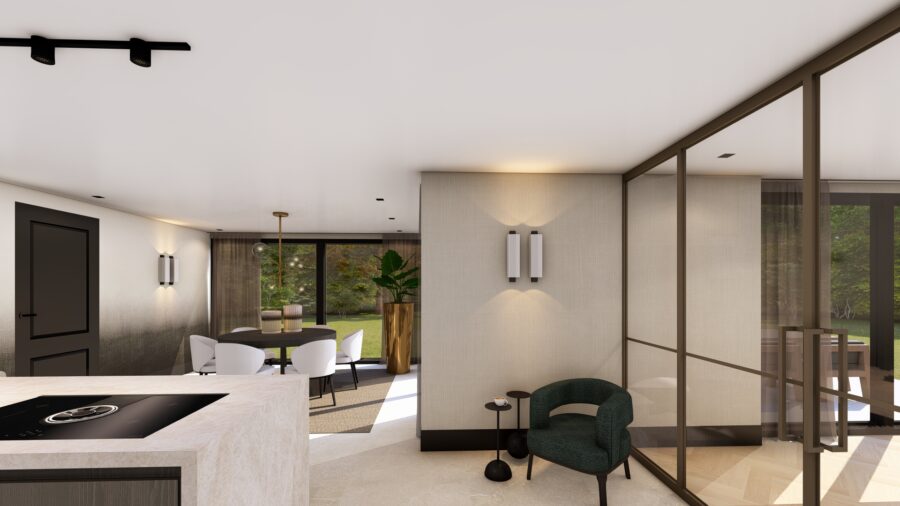 3D-ontwerp keuken met doorzicht naar eetkamer, project Enschede Studio Damhuis