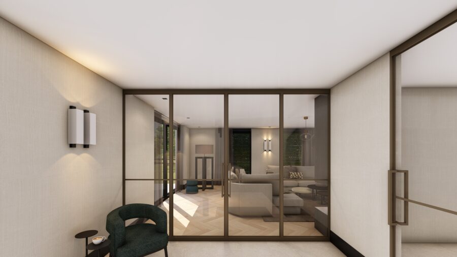 3D-ontwerp hal met glazen scheidingswanden, project Enschede Studio Damhuis