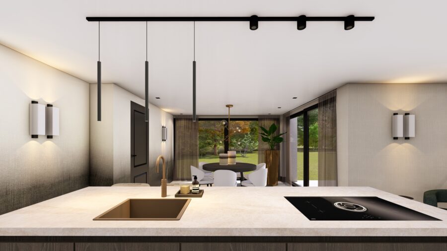 3D-ontwerp keukeneiland met spoelbak en kookplaat, project Enschede Studio Damhuis