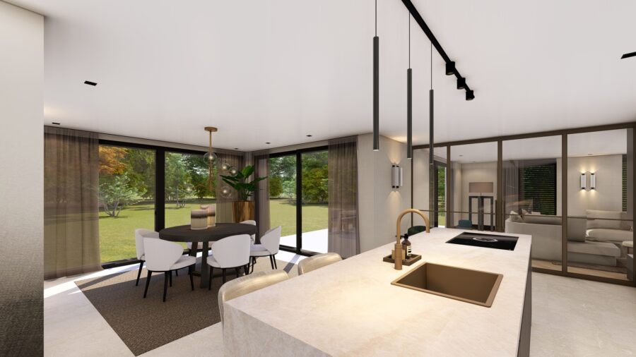 3D-ontwerp keukeneiland met zicht op eettafel en tuin, project Enschede Studio Damhuis