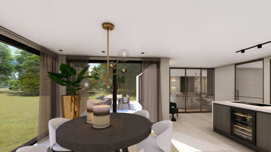 3D-ontwerp eetkamer met ronde tafel en tuinzicht, project Enschede Studio Damhuis