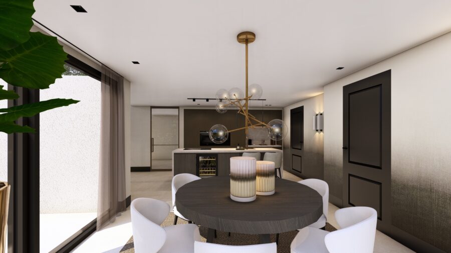 3D-ontwerp eetkamer met ronde tafel en hanglamp, project Enschede Studio Damhuis