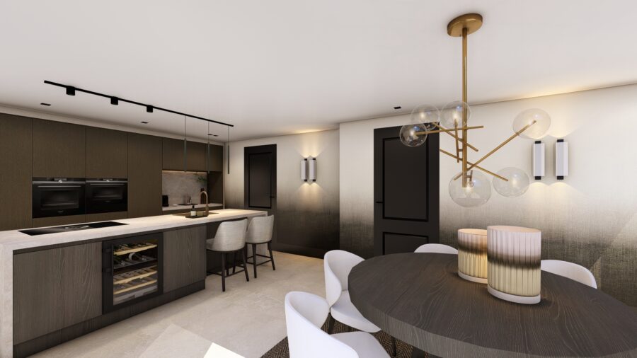 3D-ontwerp keuken met barkrukken en eettafel, project Enschede Studio Damhuis