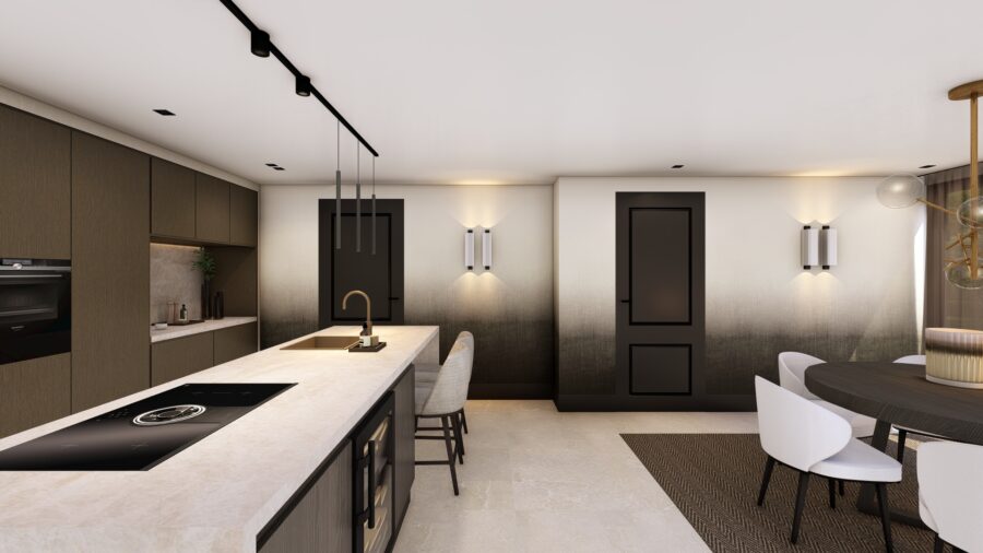 3D-ontwerp keukeneiland met wijnkoeler en barkrukken, project Enschede Studio Damhuis