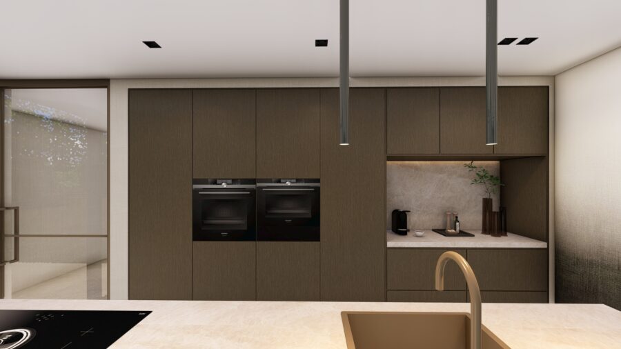 3D-ontwerp keuken met inbouwovens en koffiehoek, project Enschede Studio Damhuis