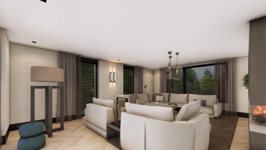 3D-ontwerp woonkamer met hanglampen en loungebank, project Enschede Studio Damhuis