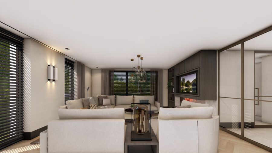 3D-ontwerp woonkamer met loungebank en tv-wand, project Enschede Studio Damhuis