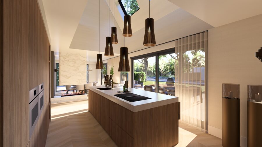 leefkeuken met hoog plafond en hanglampen