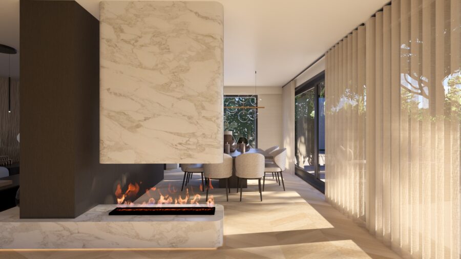 eetkamer met open haard ontwerp door studio damhuis